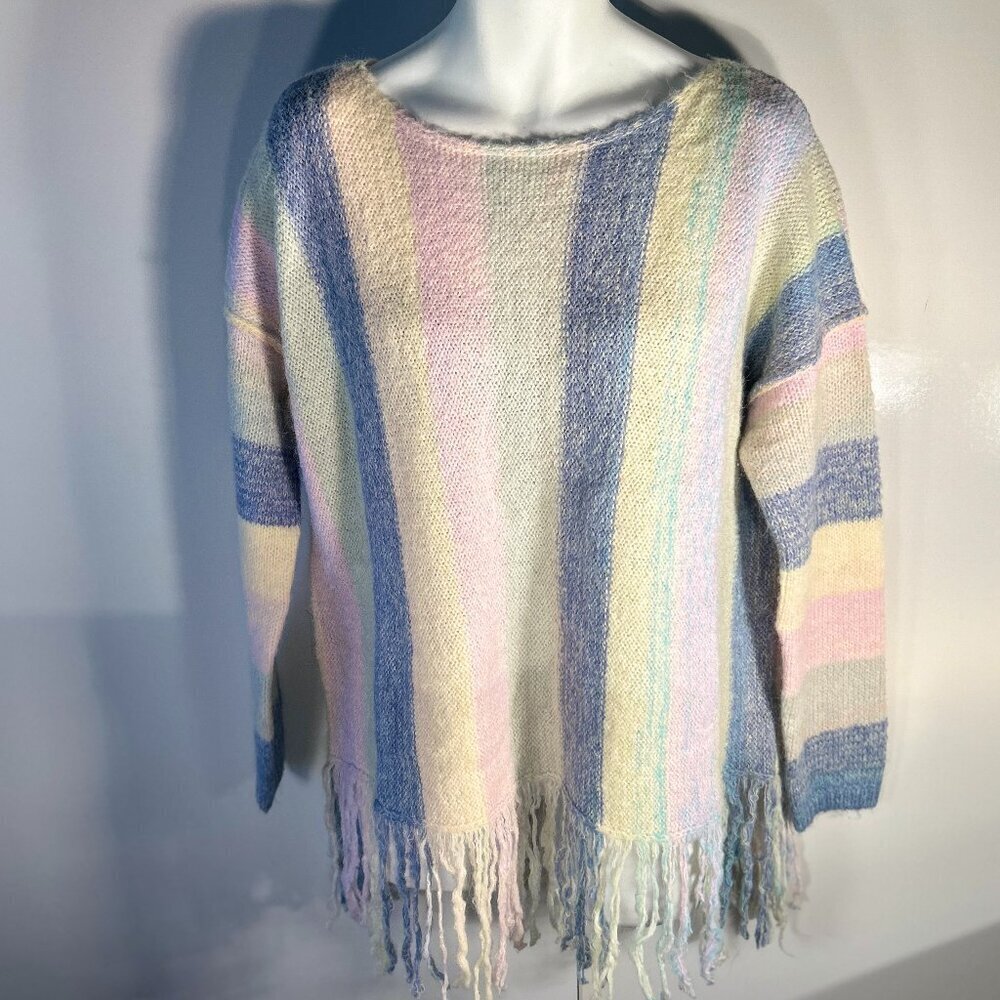 Pastel Stripe SZ L Wool Blend Lightweight Tunic Sweater Boho Chic Coastal Comfy